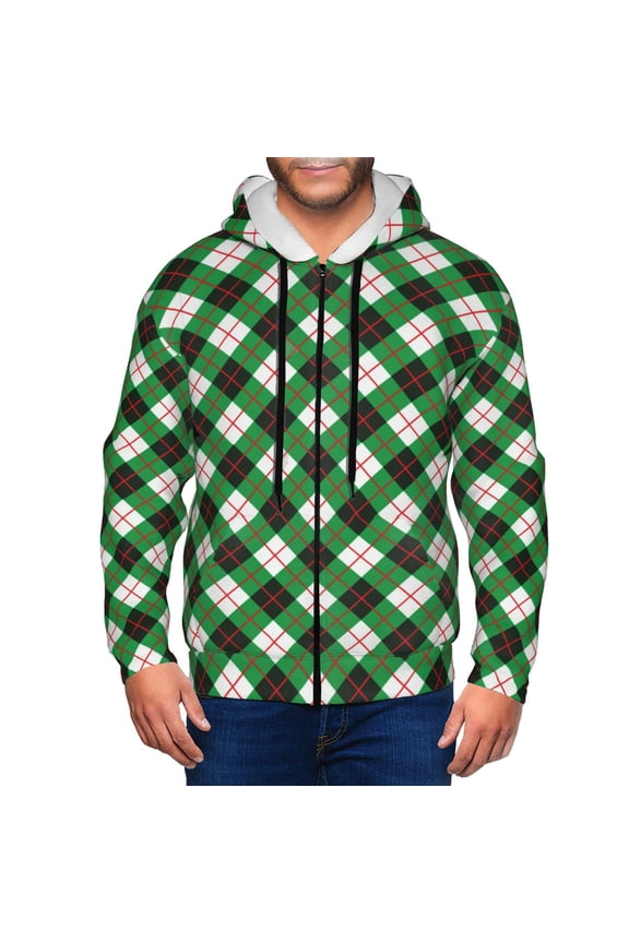 Zip Up Hoodies for Men - Green Argyle Plaid Long Sleeve Comfrt Men'S Fashion Hoodies & Sweatshirts, Jackets for Men Hoodies Pullover Clothing Clothes with Pouch