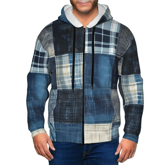 Zip Up Hoodies for Men - Indigo Patchwork Quilt Long Sleeve Comfrt Men'S Fashion Hoodies & Sweatshirts, Jackets for Men Hoodies Pullover Clothing Clothes with Pouch