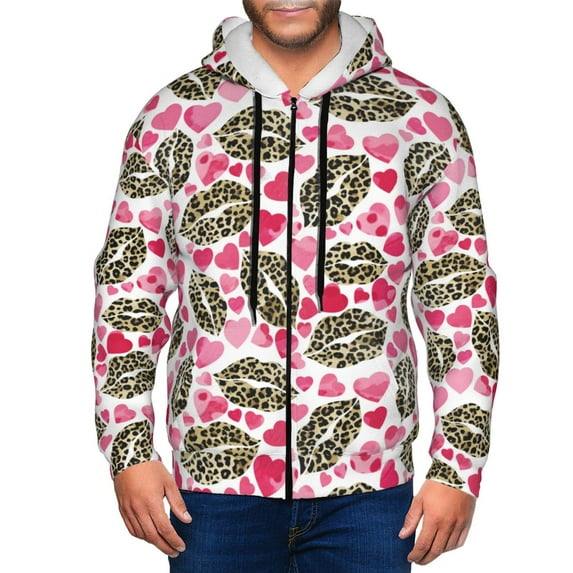 Zip Up Hoodies for Men - Leopard lip pink heart Long Sleeve Comfrt Men'S Fashion Hoodies & Sweatshirts, Jackets for Men Hoodies Pullover Clothing Clothes with Pouch