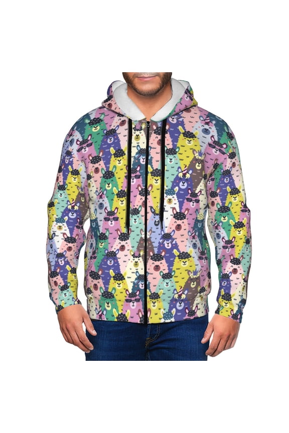 Zip Up Hoodies for Men - Llamas Colorful Long Sleeve Comfrt Men'S Fashion Hoodies & Sweatshirts, Jackets for Men Hoodies Pullover Clothing Clothes with Pouch