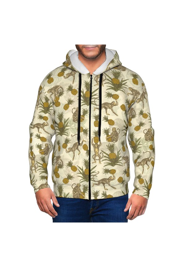 Zip Up Hoodies for Men - Monkeys and Pinealpples Long Sleeve Comfrt Men'S Fashion Hoodies & Sweatshirts, Jackets for Men Hoodies Pullover Clothing Clothes with Pouch
