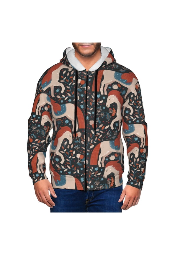 Zip Up Hoodies for Men - Nordic Art Cartoon Cute Horse Long Sleeve Comfrt Men'S Fashion Hoodies & Sweatshirts, Jackets for Men Hoodies Pullover Clothing Clothes with Pouch