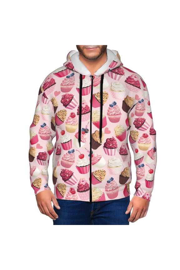 Zip Up Hoodies for Men - Pink Fruit Ice Cream Print Long Sleeve Comfrt Men'S Fashion Hoodies & Sweatshirts, Jackets for Men Hoodies Pullover Clothing Clothes with Pouch