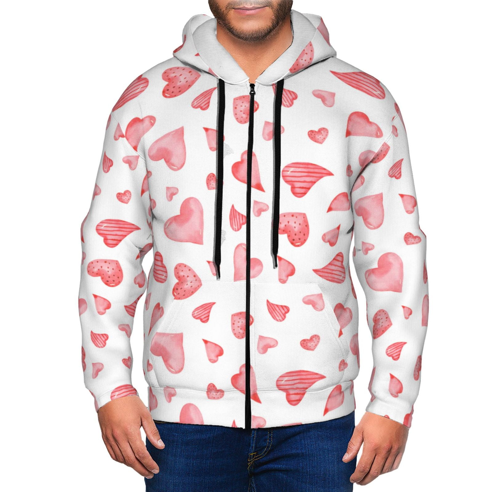 Zip Up Hoodies for Men Pink Hearts Long Sleeve Men'S Fashion Hoodies
