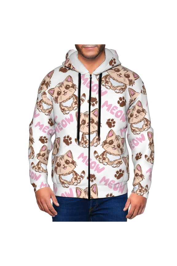 Zip Up Hoodies for Men - Pink Sketch Cute Cartoon Cat Long Sleeve Comfrt Men'S Fashion Hoodies & Sweatshirts, Jackets for Men Hoodies Pullover Clothing Clothes with Pouch