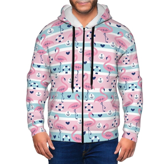 Zip Up Hoodies for Men - Pink Striped Flamingo Long Sleeve Comfrt Men'S Fashion Hoodies & Sweatshirts, Jackets for Men Hoodies Pullover Clothing Clothes with Pouch