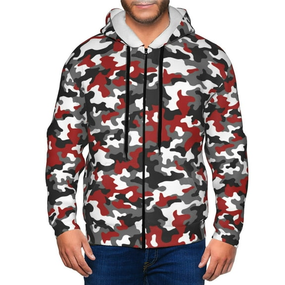 Zip Up Hoodies for Men - Red Grey White Camouflage Long Sleeve Comfrt Men'S Fashion Hoodies & Sweatshirts, Jackets for Men Hoodies Pullover Clothing Clothes with Pouch