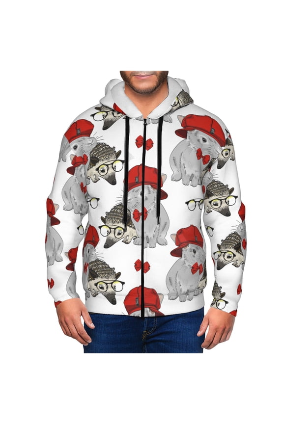 Zip Up Hoodies for Men - Red Hat Cute Rabbit Glasses Hedgehog Long Sleeve Comfrt Men'S Fashion Hoodies & Sweatshirts, Jackets for Men Hoodies Pullover Clothing Clothes with Pouch