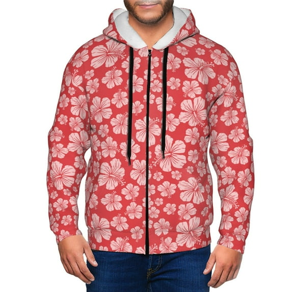 Zip Up Hoodies for Men - Red Hibiscus Flower Long Sleeve Comfrt Men'S Fashion Hoodies & Sweatshirts, Jackets for Men Hoodies Pullover Clothing Clothes with Pouch