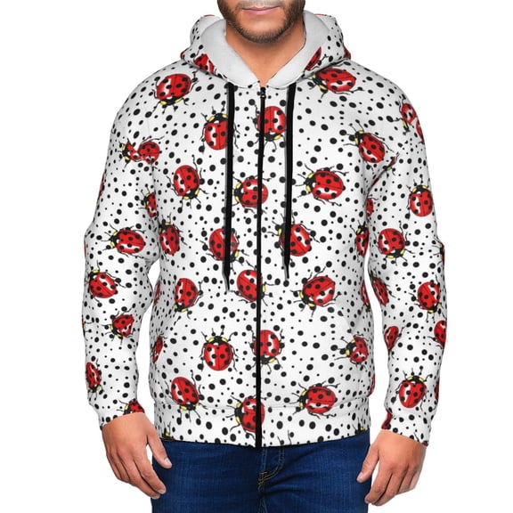 Zip Up Hoodies for Men - Red Ladybugs On Black Dotted Long Sleeve Comfrt Men'S Fashion Hoodies & Sweatshirts, Jackets for Men Hoodies Pullover Clothing Clothes with Pouch
