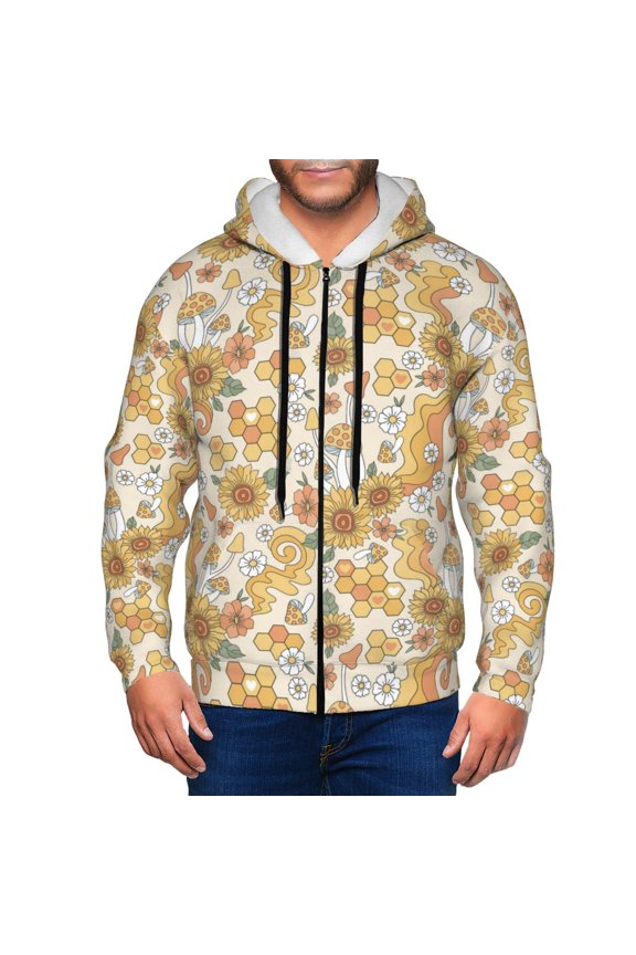 Zip Up Hoodies for Men - Retro 70s 60s Flower Long Sleeve Comfrt Men'S Fashion Hoodies & Sweatshirts, Jackets for Men Hoodies Pullover Clothing Clothes with Pouch