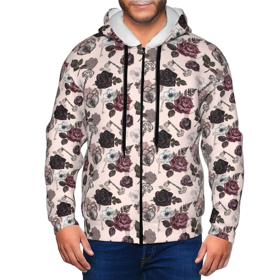 Zip Up Hoodies for Men - Retro Red Black Roses Long Sleeve Comfrt Men'S Fashion Hoodies & Sweatshirts, Jackets for Men Hoodies Pullover Clothing Clothes with Pouch