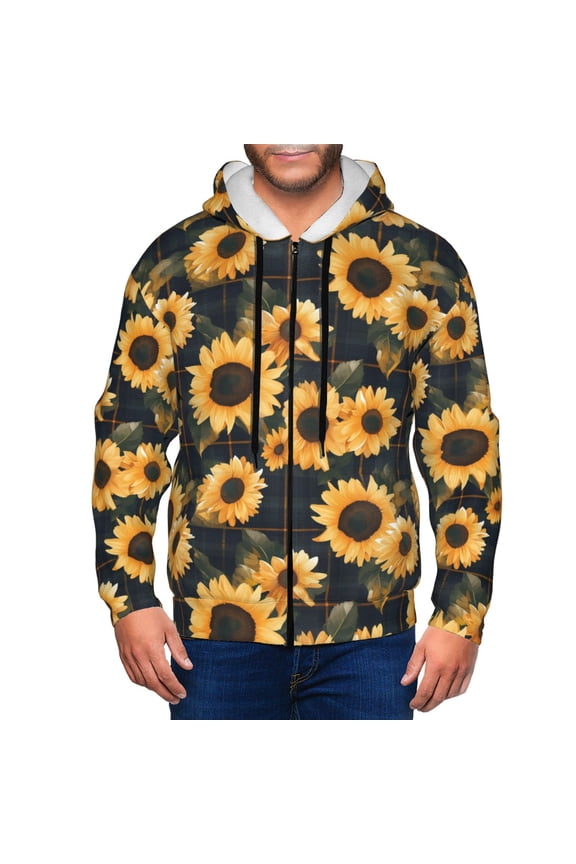 Zip Up Hoodies for Men - Scottish Blue Plaid Sunflower Long Sleeve Comfrt Men'S Fashion Hoodies & Sweatshirts, Jackets for Men Hoodies Pullover Clothing Clothes with Pouch