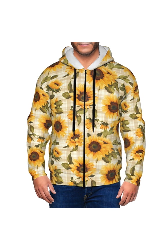 Zip Up Hoodies for Men - Scottish Plaid Sunflower Long Sleeve Comfrt Men'S Fashion Hoodies & Sweatshirts, Jackets for Men Hoodies Pullover Clothing Clothes with Pouch
