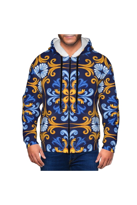 Zip Up Hoodies for Men - Sicilian blue pattern Moroccan style Long Sleeve Comfrt Men'S Fashion Hoodies & Sweatshirts, Jackets for Men Hoodies Pullover Clothing Clothes with Pouch