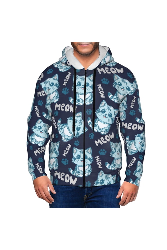 Zip Up Hoodies for Men - Sketch Cartoon Cat Paw Blue Long Sleeve Comfrt Men'S Fashion Hoodies & Sweatshirts, Jackets for Men Hoodies Pullover Clothing Clothes with Pouch