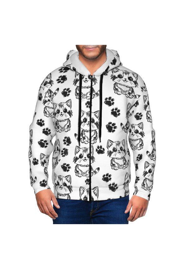 Zip Up Hoodies for Men - Sketch Cartoon Cat and Cat Paw Long Sleeve Comfrt Men'S Fashion Hoodies & Sweatshirts, Jackets for Men Hoodies Pullover Clothing Clothes with Pouch