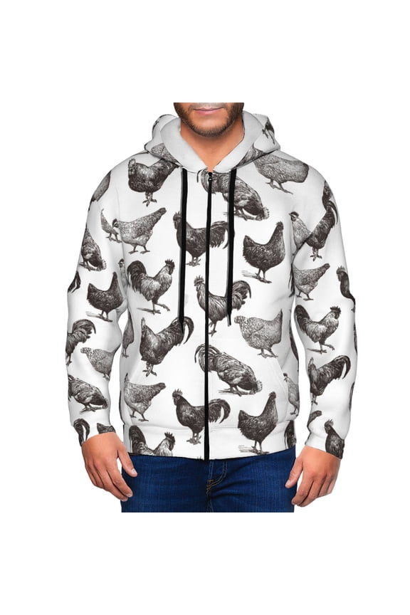 Zip Up Hoodies for Men - Sketch Chicken Black White Long Sleeve Comfrt Men'S Fashion Hoodies & Sweatshirts, Jackets for Men Hoodies Pullover Clothing Clothes with Pouch