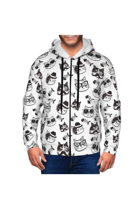 Zip Up Hoodies for Men - Sketch Line Cute Cat Fish Bone Long Sleeve Comfrt Men'S Fashion Hoodies & Sweatshirts, Jackets for Men Hoodies Pullover Clothing Clothes with Pouch
