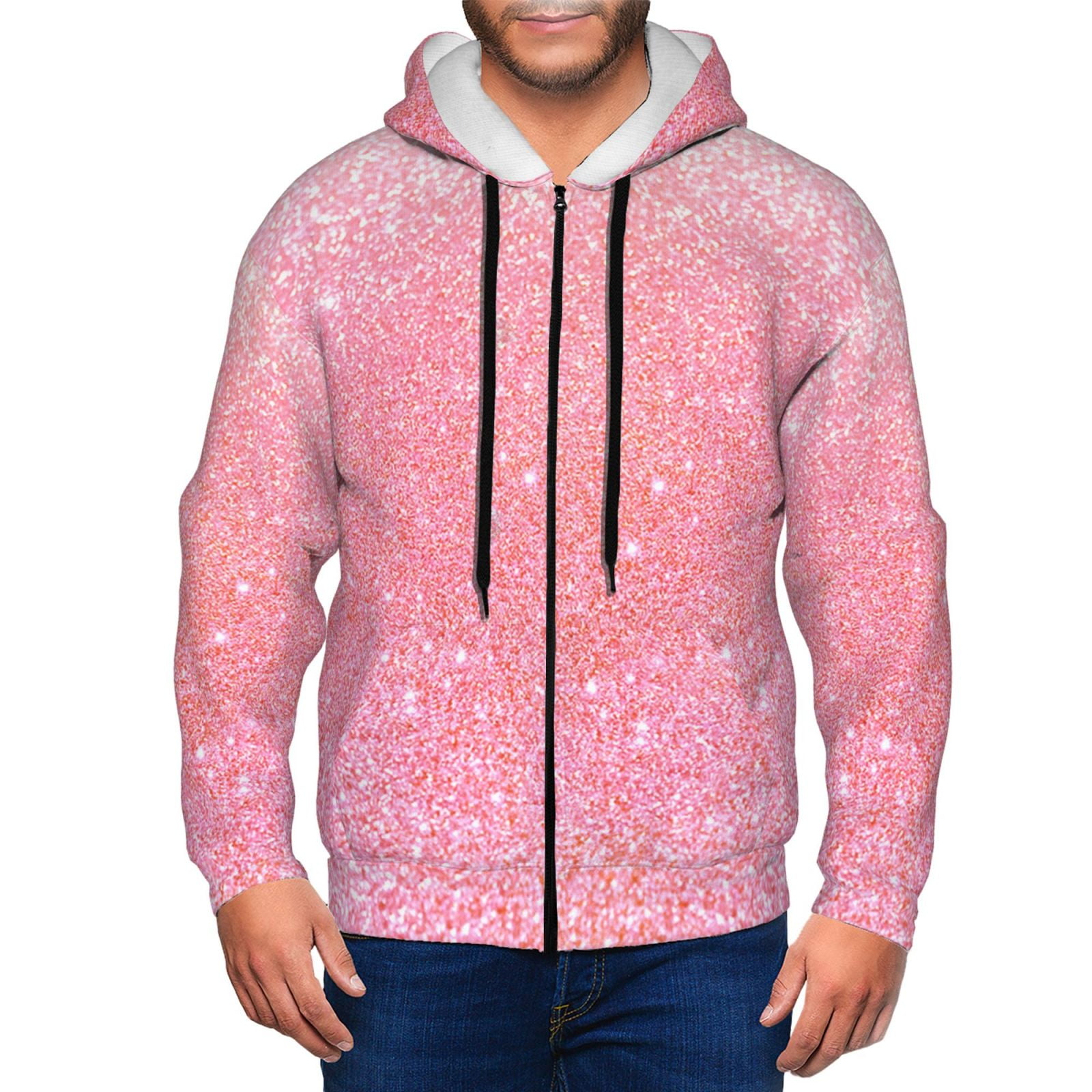 Zip Up Hoodies for Men - Sparkly Pink Glitter Long Sleeve