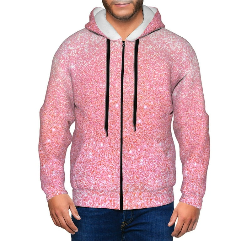 Zip Up Hoodies for Men Sparkly Pink Glitter Long Sleeve Men'S