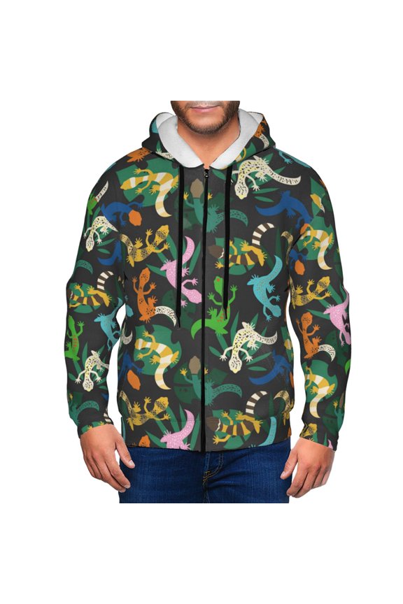 Zip Up Hoodies for Men - Striped Cute Lizard Gecko Plant_A Long Sleeve Comfrt Men'S Fashion Hoodies & Sweatshirts, Jackets for Men Hoodies Pullover Clothing Clothes with Pouch