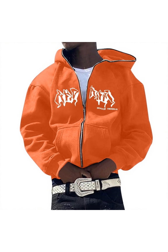 Zip Up Hoodies Men Versatile Letter Print Long Sleeve Hoodies Streetwear Hooded Jacket Fall Loose Mens Hoodies