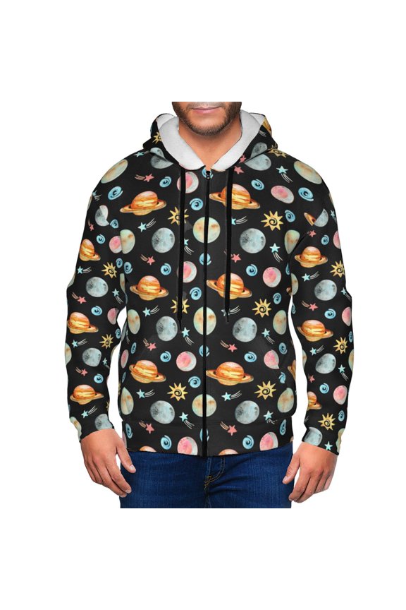 Zip Up Hoodies for Men - Watercolor Space Planets Long Sleeve Comfrt Men'S Fashion Hoodies & Sweatshirts, Jackets for Men Hoodies Pullover Clothing Clothes with Pouch
