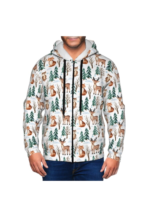 Zip Up Hoodies for Men - Winter Woodland Friends Long Sleeve Comfrt Men'S Fashion Hoodies & Sweatshirts, Jackets for Men Hoodies Pullover Clothing Clothes with Pouch