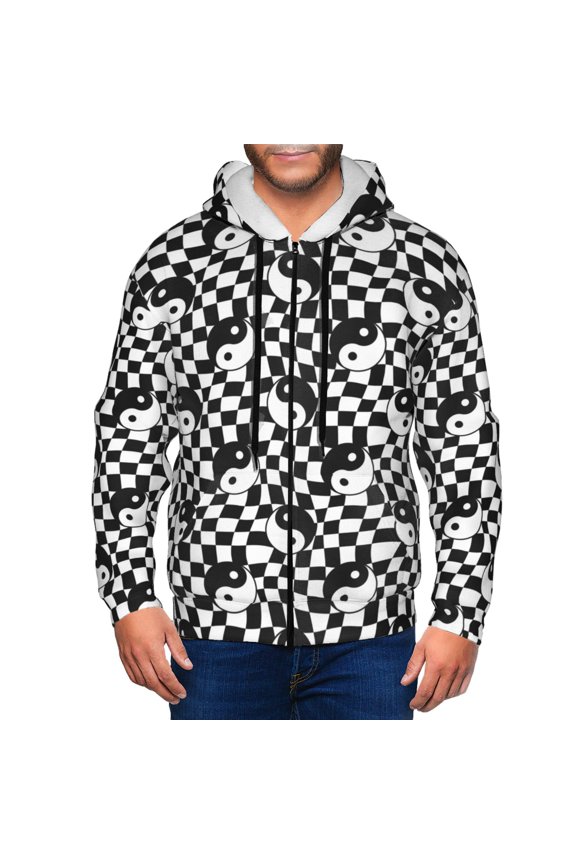 Zip Up Hoodies for Men - Ying Yang Checkered Long Sleeve Comfrt Men'S Fashion Hoodies & Sweatshirts, Jackets for Men Hoodies Pullover Clothing Clothes with Pouch