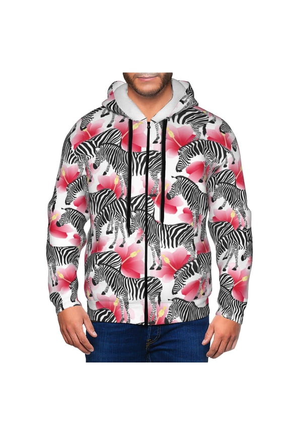 Zip Up Hoodies for Men - Zebra pink hibiscus flower Long Sleeve Comfrt Men'S Fashion Hoodies & Sweatshirts, Jackets for Men Hoodies Pullover Clothing Clothes with Pouch