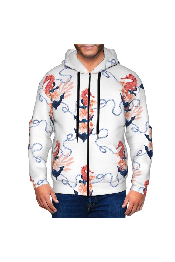 Zip Up Hoodies for Men - anchor hibiscus ropes sea horse Long Sleeve Comfrt Men'S Fashion Hoodies & Sweatshirts, Jackets for Men Hoodies Pullover Clothing Clothes with Pouch
