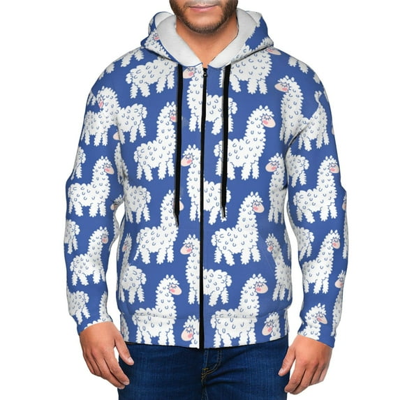Zip Up Hoodies for Men - cute cartoon lama alpaca blue Long Sleeve Comfrt Men'S Fashion Hoodies & Sweatshirts, Jackets for Men Hoodies Pullover Clothing Clothes with Pouch