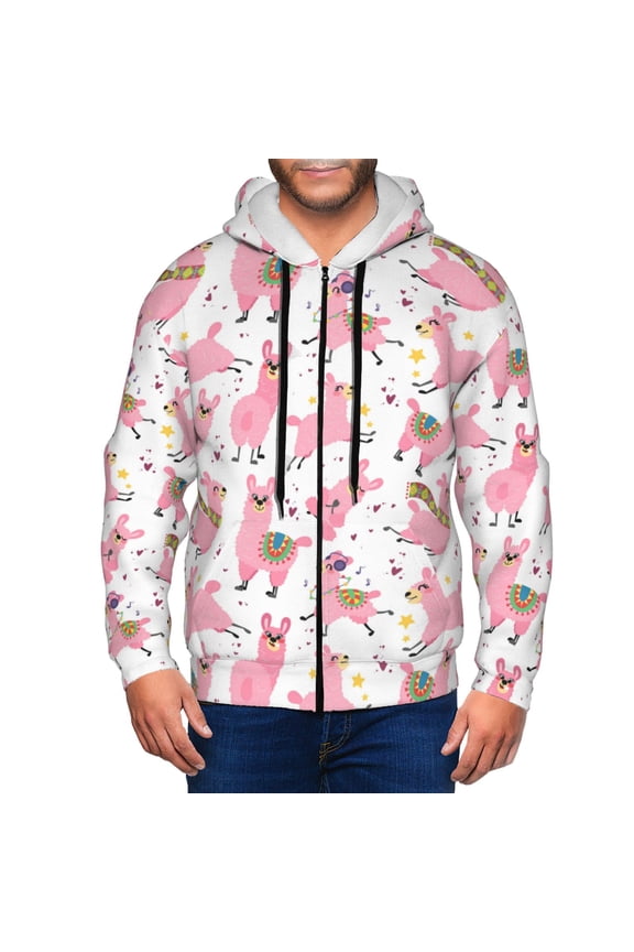 Zip Up Hoodies for Men - cute pink llamas Alpaca funny Long Sleeve Comfrt Men'S Fashion Hoodies & Sweatshirts, Jackets for Men Hoodies Pullover Clothing Clothes with Pouch