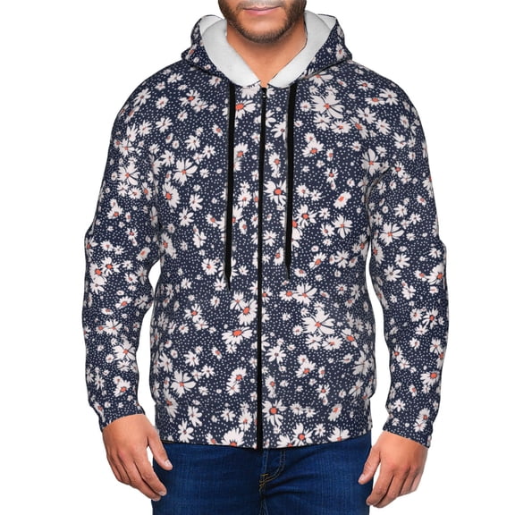 Zip Up Hoodies for Men - daisies floral dotted navyblue Long Sleeve Comfrt Men'S Fashion Hoodies & Sweatshirts, Jackets for Men Hoodies Pullover Clothing Clothes with Pouch