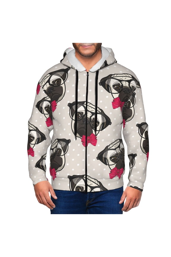 Zip Up Hoodies for Men - funny dog Pug red bow glasses Long Sleeve Comfrt Men'S Fashion Hoodies & Sweatshirts, Jackets for Men Hoodies Pullover Clothing Clothes with Pouch