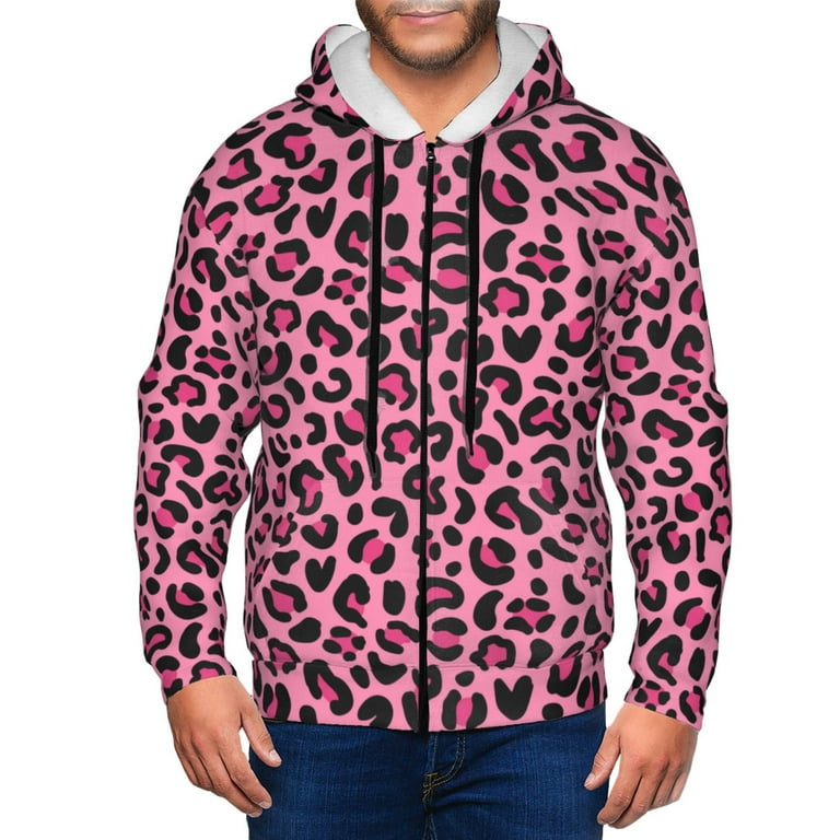 Zip Up Hoodies for Men pink cute Leopard print Long Sleeve Men'S