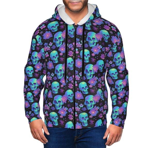 Zip Up Hoodies for Men - purple flower blue Skull Long Sleeve Comfrt Men'S Fashion Hoodies & Sweatshirts, Jackets for Men Hoodies Pullover Clothing Clothes with Pouch