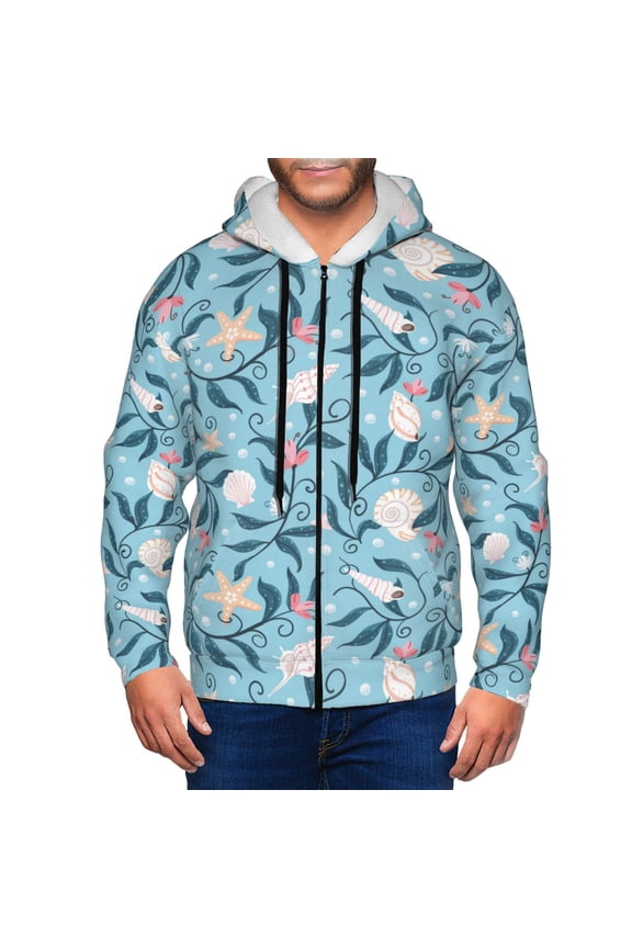 Zip Up Hoodies for Men - starfish seashells sea weed Long Sleeve Comfrt Men'S Fashion Hoodies & Sweatshirts, Jackets for Men Hoodies Pullover Clothing Clothes with Pouch