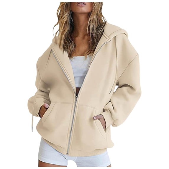 Zip Up Hoodies Women 2026 Spring Casual Long Sleeve Sweatshirts Fall Winter Track Jackets with Pockets Beige S