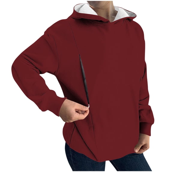 Zip Up Hoodies Women Long Sleeve Casual Solid Color Pullover Tops Breastfeeding Hooded Sweatshirts Jacket with Hood