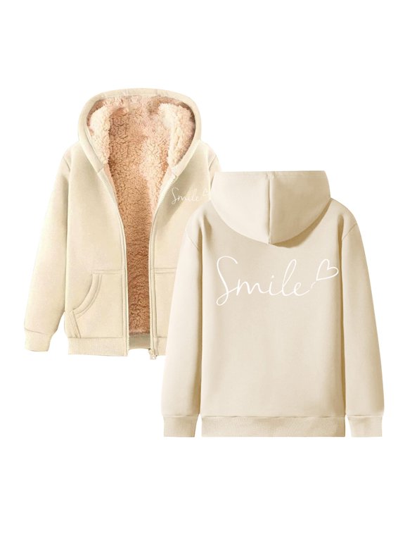 Zip Up Hoodies Womens Letter Print Smile Fleece Hooded Jacket with Pockets Winter Pullover Tops Oversized Zipper Sweatshirts