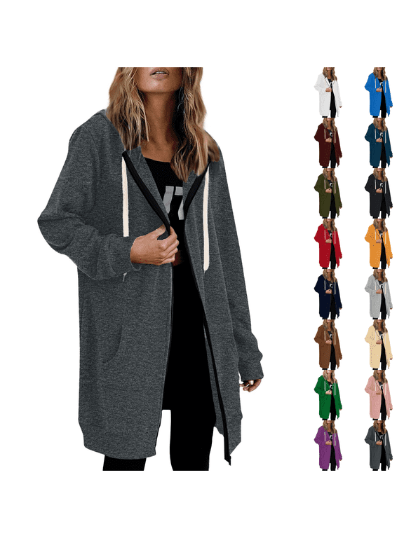 Zip Up Hoodies Womens Long Sleeve Long Tunic Sweatshirts Oversized Fleece Casual 2026 Fall Jacket Coat with Pocket Gray M