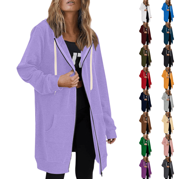 Zip Up Hoodies Womens Long Sleeve Long Tunic Sweatshirts Oversized Fleece Casual 2026 Fall Jacket Coat with Pocket Light Purple 2XL