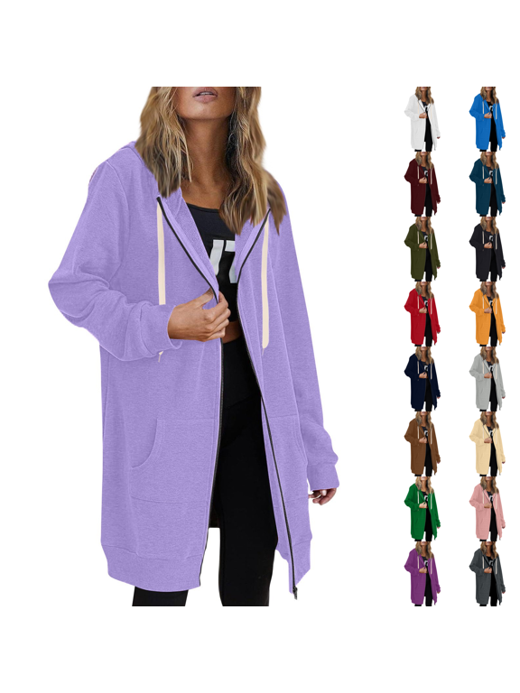 Zip Up Hoodies Womens Long Sleeve Long Tunic Sweatshirts Oversized Fleece Casual 2026 Fall Jacket Coat with Pocket Light Purple M