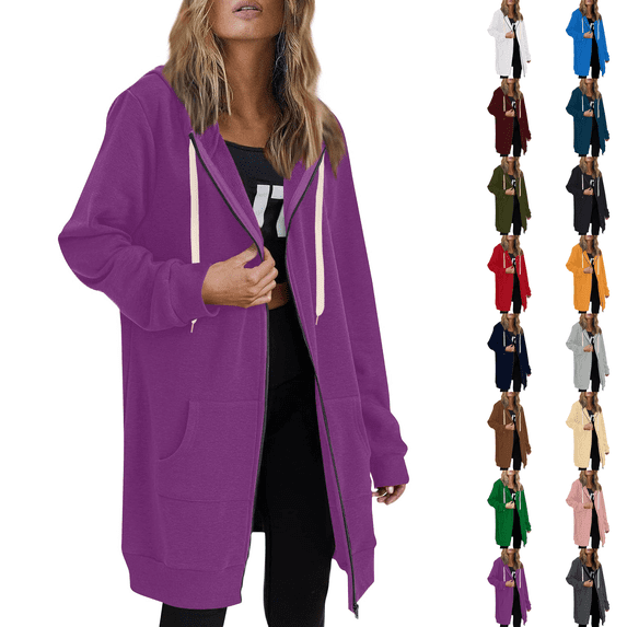 Zip Up Hoodies Womens Long Sleeve Long Tunic Sweatshirts Oversized Fleece Casual 2026 Fall Jacket Coat with Pocket Purple M