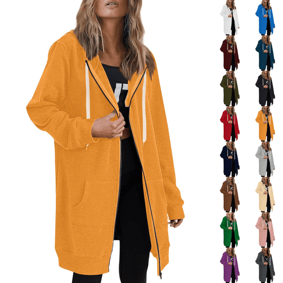 Zip Up Hoodies Womens Long Sleeve Long Tunic Sweatshirts Oversized Fleece Casual 2026 Fall Jacket Coat with Pocket Yellow M