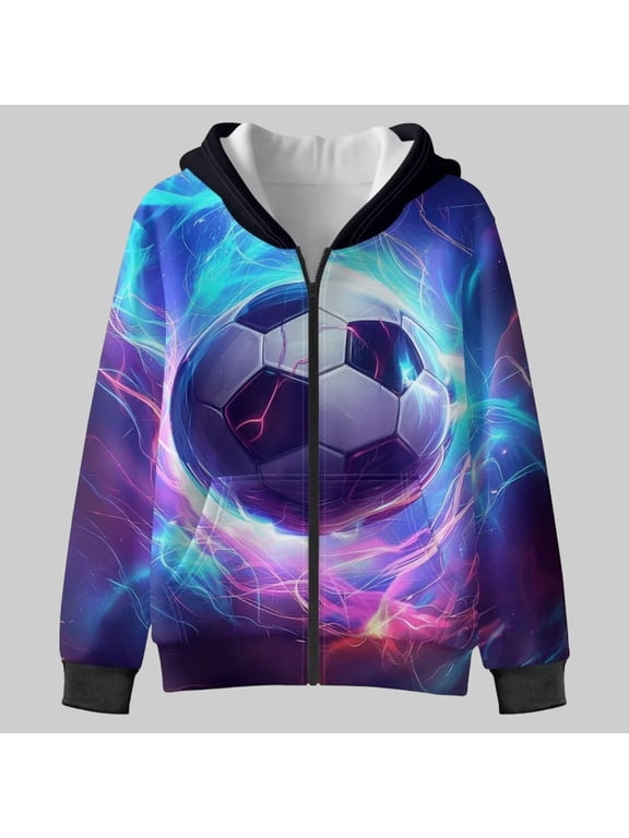 Zip Up Hoodies for Boys Long Sleeve Soccer Ball Graphic Jacket Printed Coat Casual Outerwear for Daily Outdoor Activity