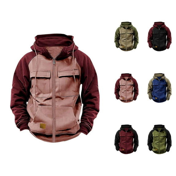 Zip Up Hoodies for Men 2025 Long Sleeve Color Block Hooded Sweatshirt with Pockets Pullover Hoodie Mens Hoodies