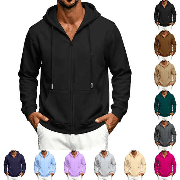 Zip Up Hoodies for Men Fashion Fleece Long Sleeve Hooded Sweatshirts Winter Casual Thermal Regular Fit Drawstring Hoodies Black S